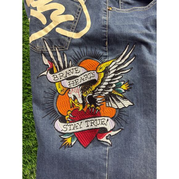 Ed Hardy Brave Hearts Eagle Wide Leg Denim Jeans W34 Y2K VTG Embroidered Graphic - Picture 9 of 15